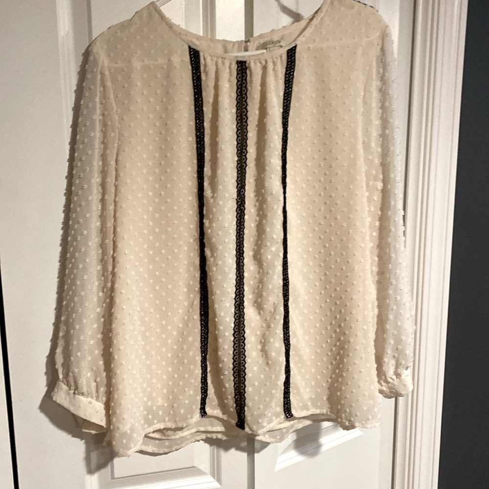 J Crew top, cream colored top with black lace details. Beautiful stitching.